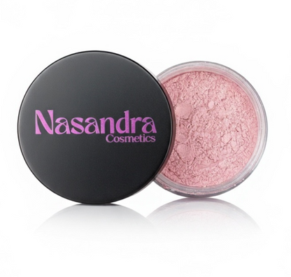 Nasandra Cosmetics product with pink powder on a white background